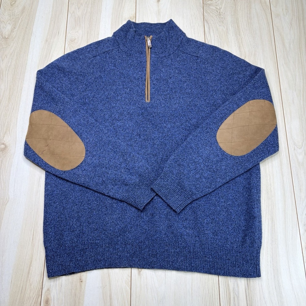 Vineyard Vines Mens Brush Wool Pullover 1/4 Zip Sweater Blue Large Elbow Patches
